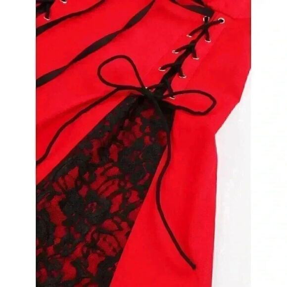 Retro Drawstring Gothic Lace Up Dress, Off Shoulder Short Sleeve Waist Sz M - Picture 4 of 6